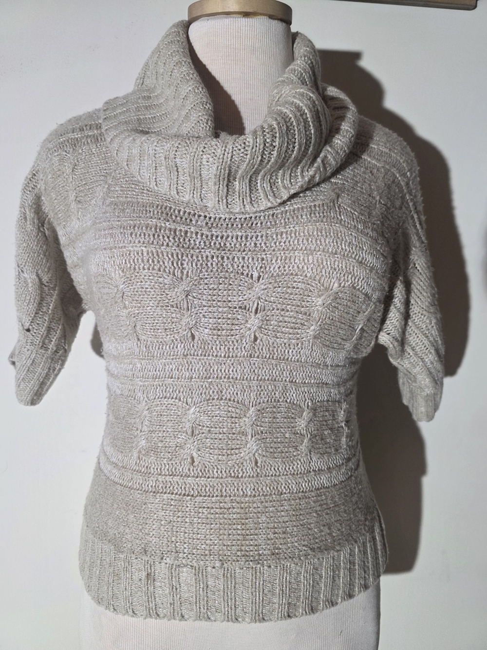 It's Our Time Cable Knit Cowl Neck Sweater - Cream With Gold Threading (Size M)